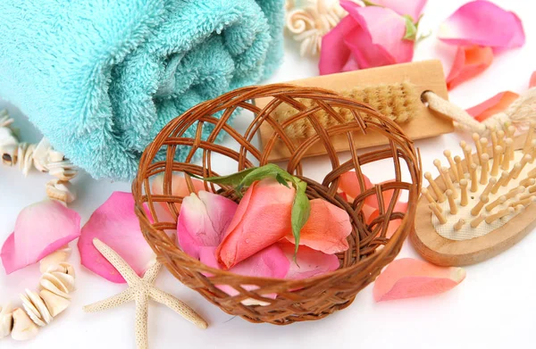 Bare Cotton Towel Rose Petals Massage Brushes Body Care — Stock Photo, Image