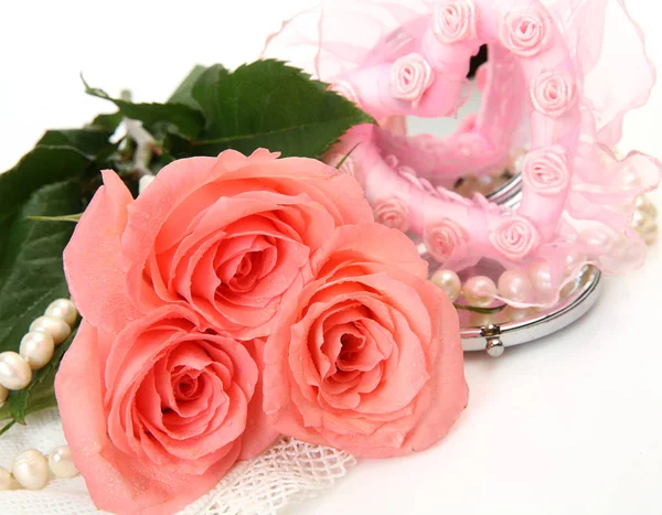 Pink Roses Pink Heart White Background — Stock Photo, Image