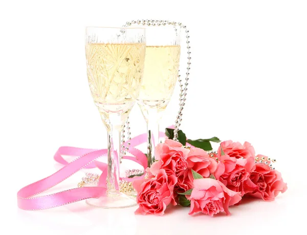 Bouquet Rose Rosa Champagne Bicchiere Sfondo Bianco — Foto Stock