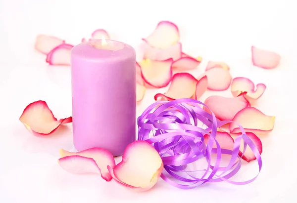 Rose Petals Burning Candle White Background — Stock Photo, Image