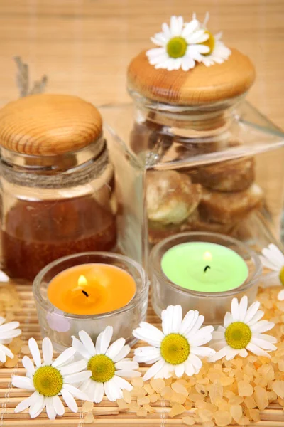 Sea Salt Sugar Body Care Items Burning Candles — Stock Photo, Image