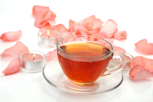 Pink Rose Petals Tea Mug White Background — Stock Photo, Image