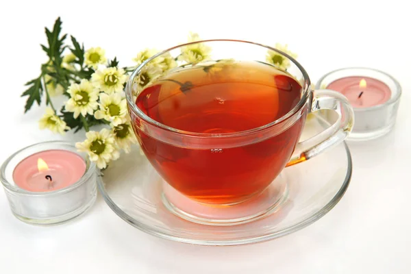 Różowe Świece Herbata Kubku Białym Tle — Zdjęcie stockowe