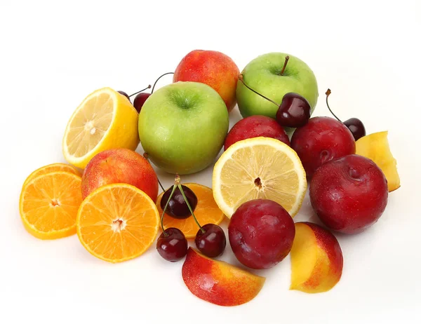 Fruta Madura Para Una Alimentación Sana Saludable Manzana Naranja Cereza —  Fotos de Stock