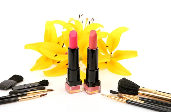 Yellow lily on white background and lipstick for make-up — Stock Image Yellow Lily White Background Lipstick Make Stock Photo