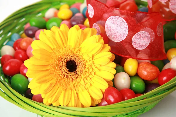 色の丸いキャンディと黄色い花 — ストック写真