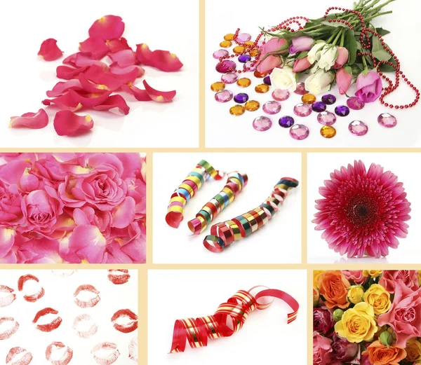 Rose Petals Streamers Festive Collage — Stock Photo, Image