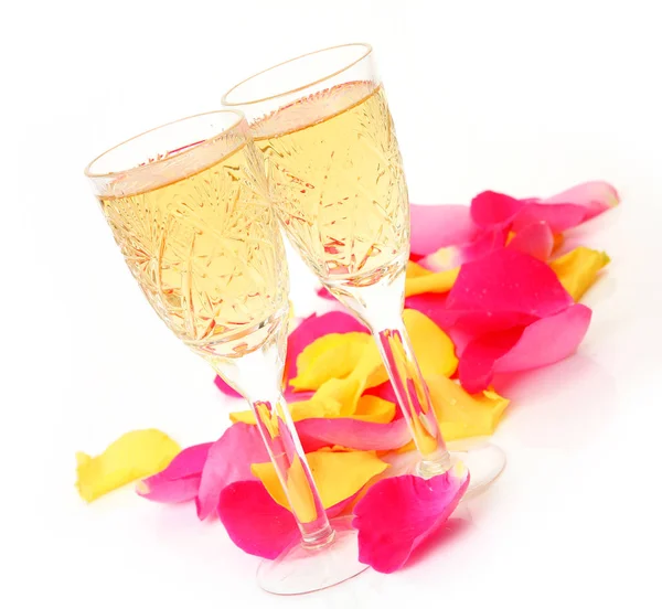 Bicchiere Champagne Petali Rosa — Foto Stock