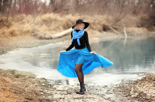 Full Length View Blonde Woman Hat Posing Outdoors River Royalty Free Stock Images