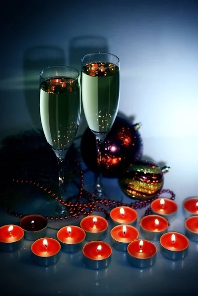 Champagne Christmas Decorations Burning Candles — Stock Photo, Image