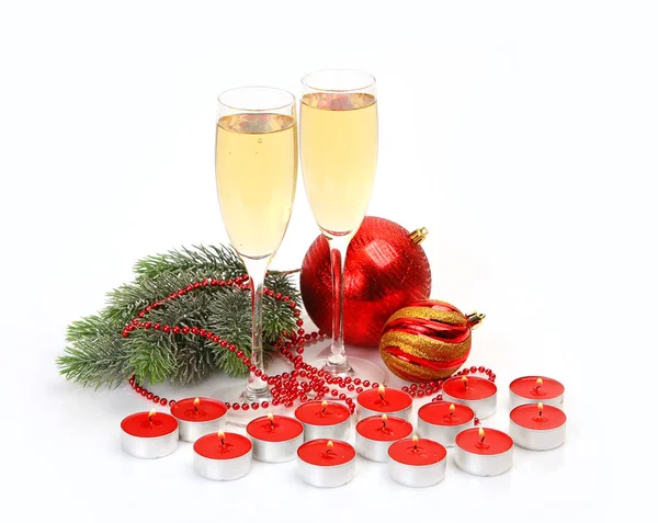 Champagne Christmas Decorations Burning Candles — Stock Photo, Image