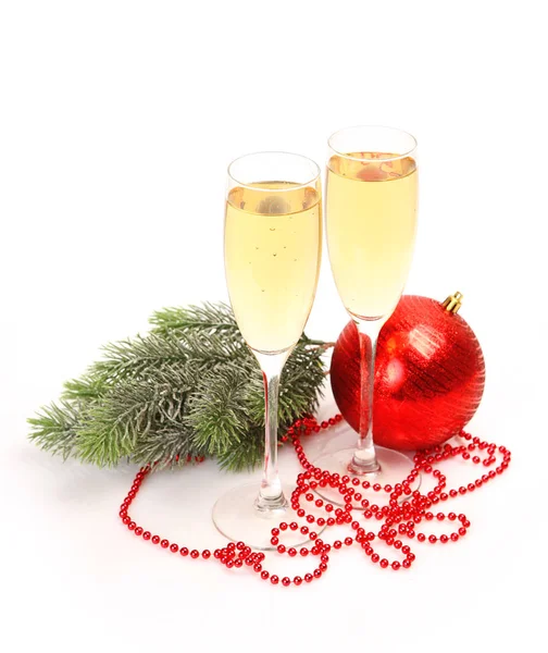 Champagne Kerst Decoratie Een Witte Achtergrond — Stockfoto