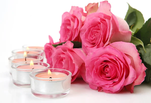 Bouquet Rose Rosa Candele Accese — Foto Stock