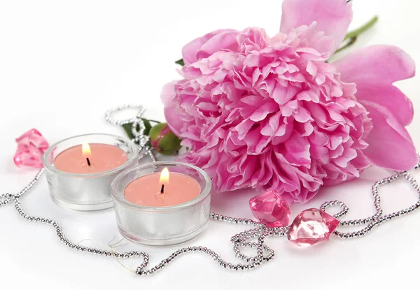 Roze Pioen Brandende Kaarsen Een Witte Achtergrond — Stockfoto