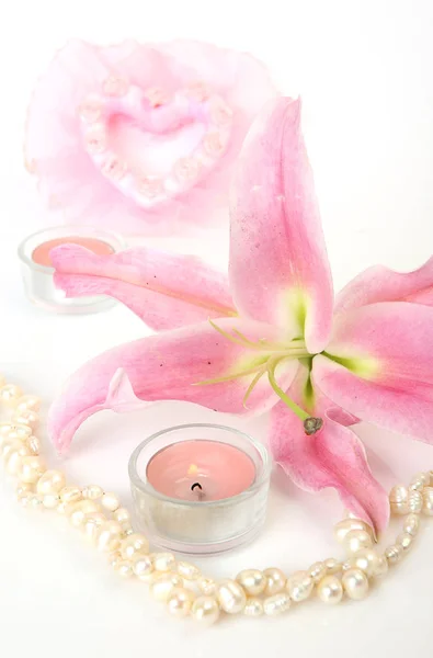 ピンクのユリと白の背景に装飾的な装飾品 — ストック写真