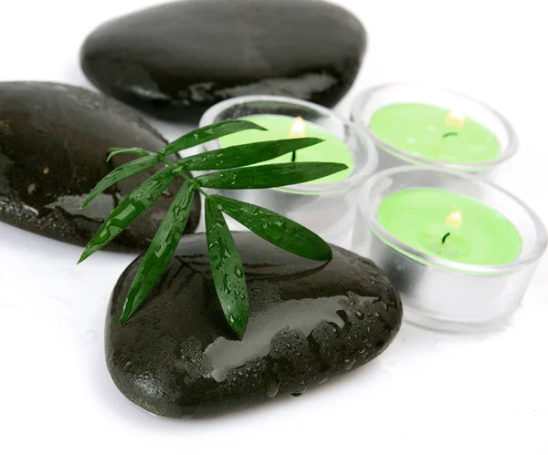Grünes Blatt auf einem Stein und Kerzen — Stockfoto