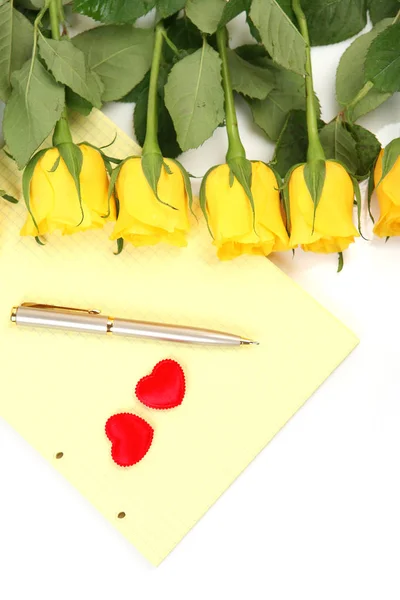 Yellow Roses Pen Notepad — Stock Photo, Image