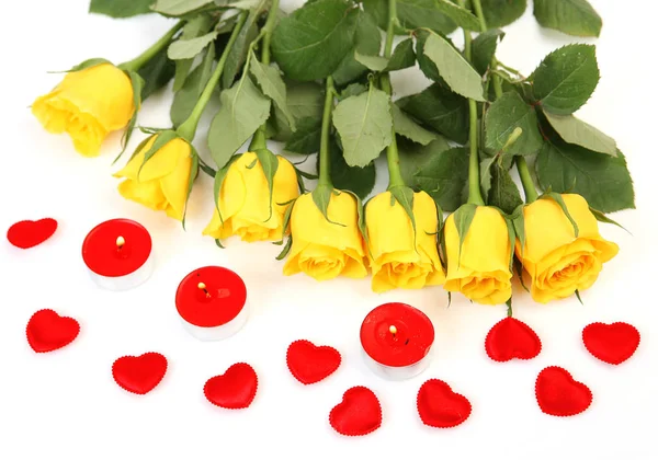 Жовті Троянди Червоними Свічками Серцями — стокове фото