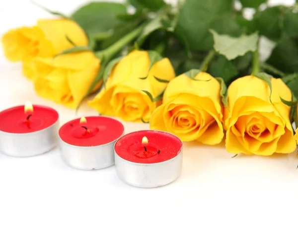 Yellow Roses White Background Burning Candles — Stock Photo, Image