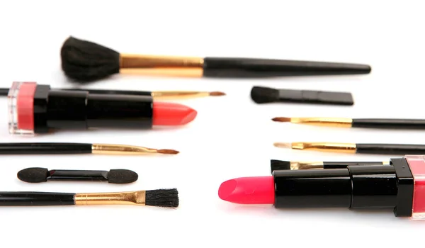 Lipstick Makeup Brushes White Background — Stock Photo, Image