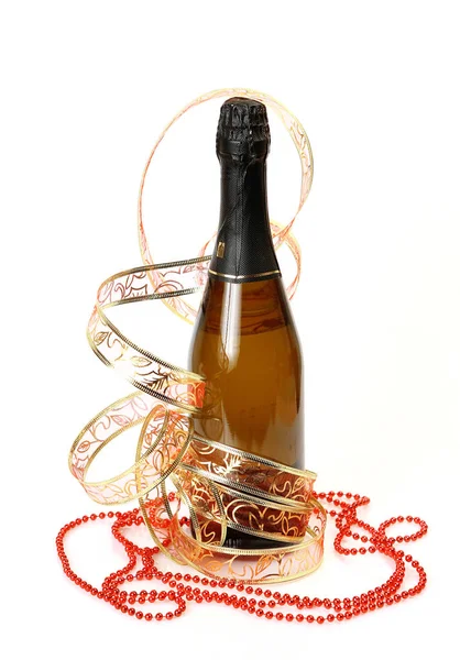 Bottle Champagne Ribbon White Background — Stock Photo, Image