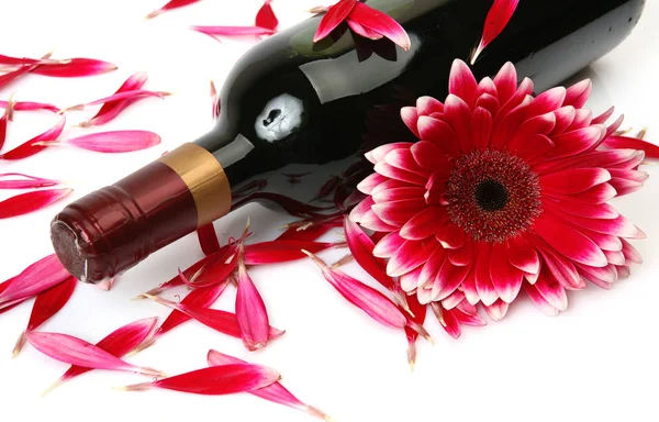 Wine Bottle Flower Petals Isolated White Background — 스톡 사진