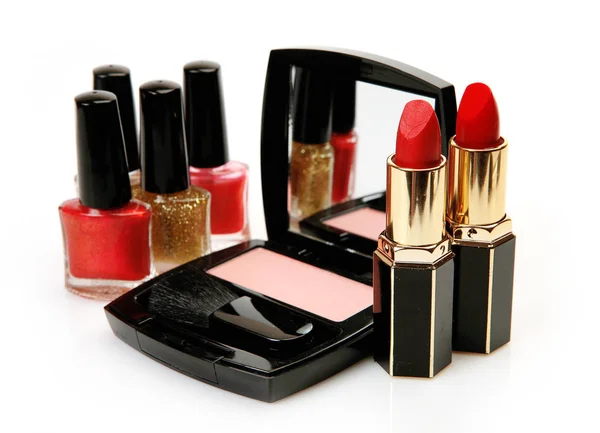 Pintalabios Rojos Esmaltes Uñas Rubor Maquillaje Con Espejo —  Fotos de Stock