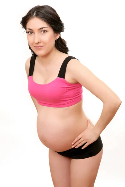 Mooie Brunette Zwangere Vrouw Geïsoleerd Wit — Stockfoto