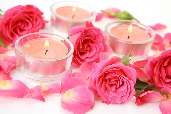 Pink Roses Pink Candles — Stock Photo, Image