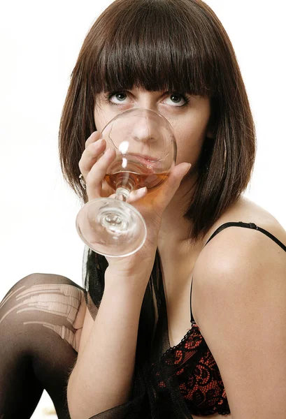 Portrait Drunk Woman Lingerie Torn Tights Glass Wine — Stock Photo, Image