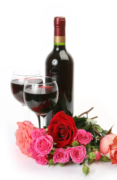 Bouquet Roses Red Wine White Background Stock Picture