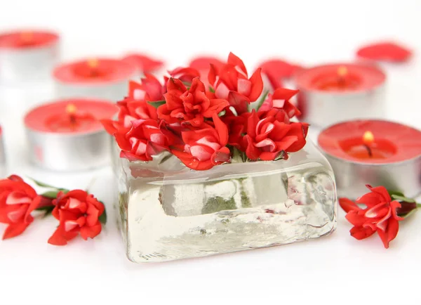 Red Flowers Ice Cube Hearts Red Burning Candles White Background — Stock Photo, Image