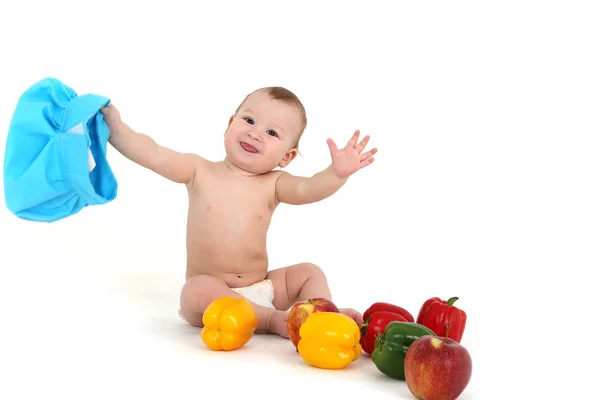 Boy Blue Cap Fruits Vegetables — Stock Photo, Image