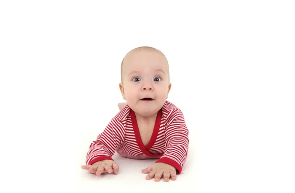 Очаровательный Ребенок Полосатом Костюме Белом Фоне — стоковое фото