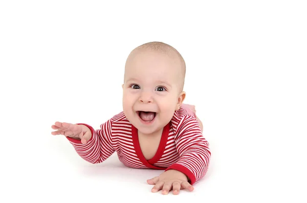 Очаровательный Ребенок Полосатом Костюме Белом Фоне — стоковое фото