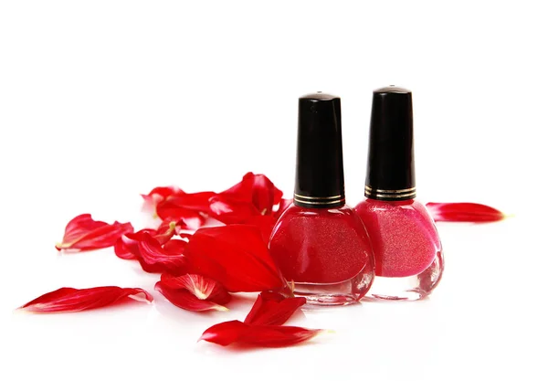 Red Nail Polishes Red Petals Isolated White Background — Stock Photo, Image