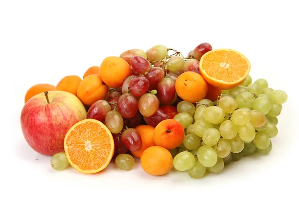 Frutas Maduras Para Una Alimentación Saludable Manzana Uvas Naranjas Albaricoques — Foto de Stock