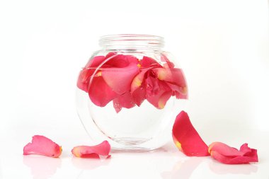 Beyaz arka planda cam kase pembe gül yaprakları