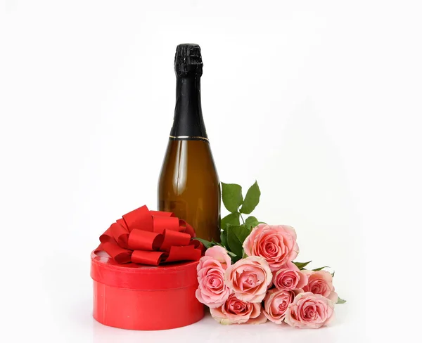 Champagne Bouquet Pink Roses Box Gift — Stock Photo, Image