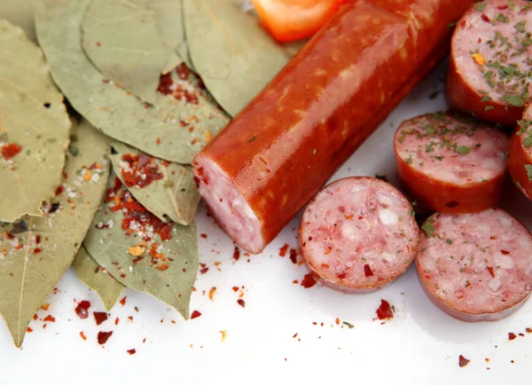 Rebanadas Salchichas Con Especias Para Cocinar Cena — Foto de Stock