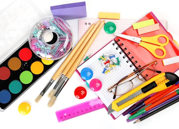 Cuadernos Cuchillos Papelería Bolígrafos Pinceles Pinturas Otros Artículos Para Trabajo — Foto de Stock