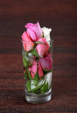 kahverengi arka planda vazo renkli gül tomurcukları