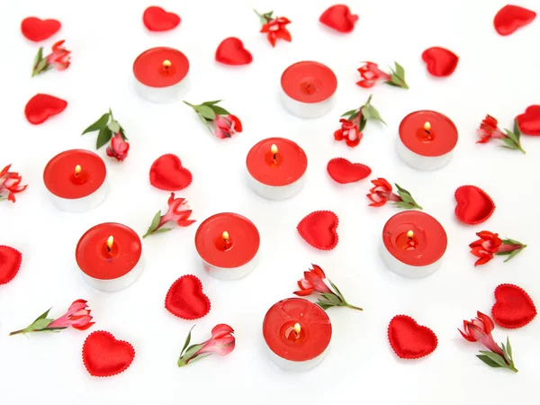 Fleurs Rouges Cœurs Bougies Allumées Motif Festif — Photo