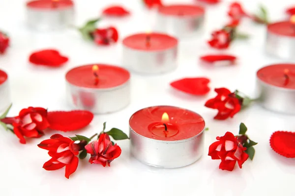 Red Flowers Hearts Burning Candles Festive Pattern — Stock Photo, Image