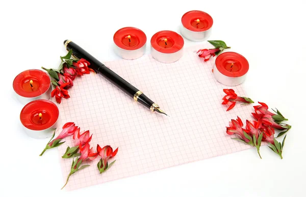 Pen Red Flowers Red Candles Piece Paper — Stock Photo, Image