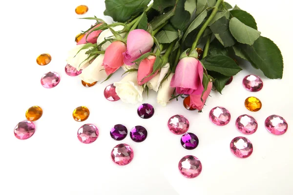 Bouquet Rose Bianche Rosa Strass Lucenti — Foto Stock