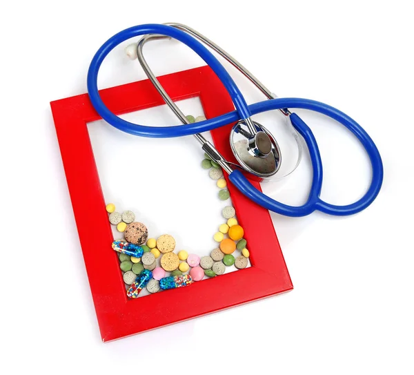 Roter Rahmen Stethoskop Und Medikamente Gegen Krankheiten — Stockfoto