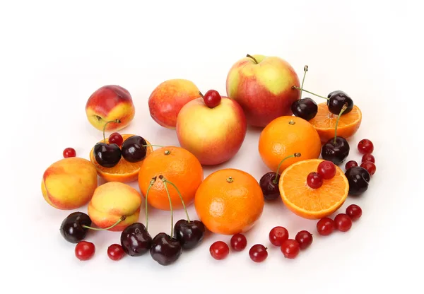Tangerines Apples Peaches Currans Ripe Cherries Healthy Nutrition — Stock Photo, Image