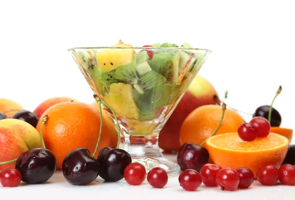 Glass Sweet Peach Green Kiwi Apple Oranges Currants Ripe Cherries — Stock Photo, Image