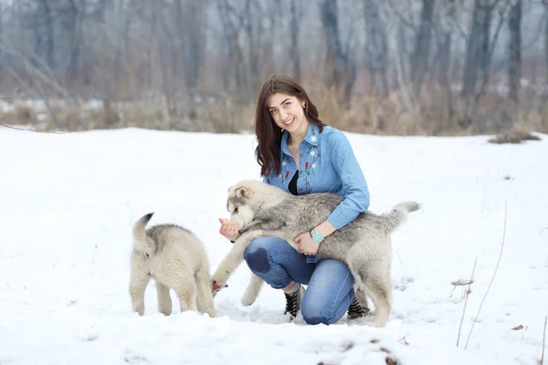 Femme Jouant Avec Deux Chiots Dans Neige — Photo